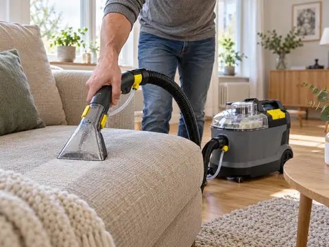 Pranie tapicerki odkurzaczem piorącym Kärcher w salonie