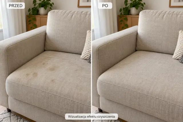 Kanapa przed i po praniu odkurzaczem piorącym – wizualizacja efektu